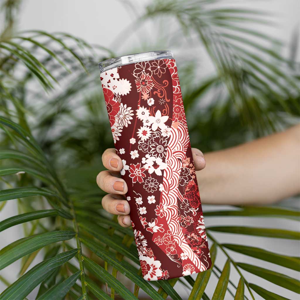 Hawaii Puakenikeni and Maile Lei Skinny Tumbler Red Japanese Wave Style - Polynesian Pride