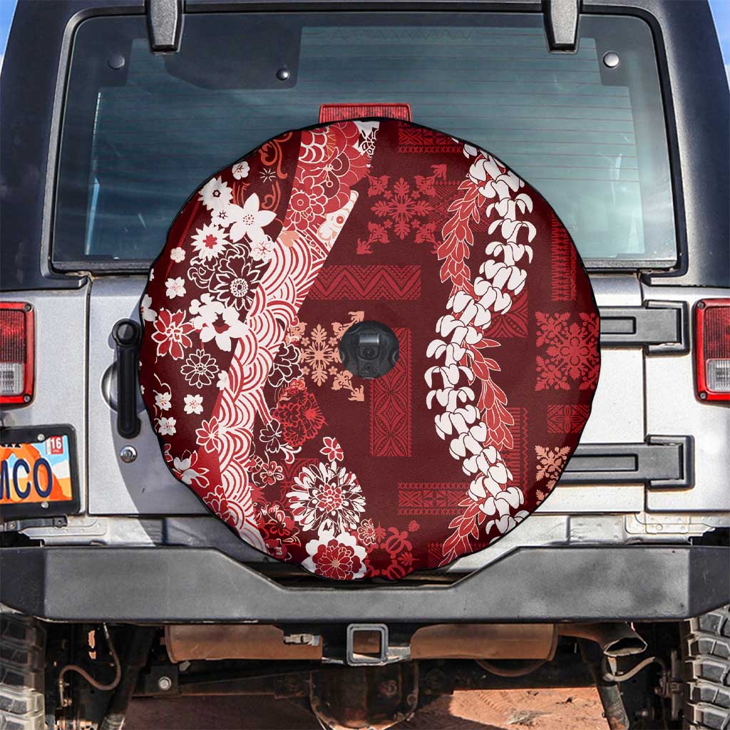 Hawaii Puakenikeni and Maile Lei Spare Tire Cover Red Japanese Wave Style - Polynesian Pride
