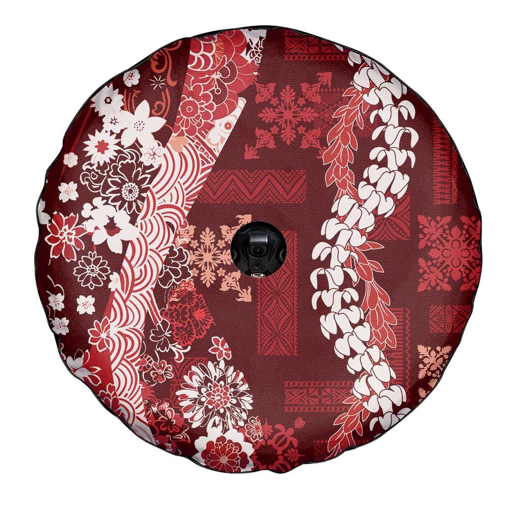 Hawaii Puakenikeni and Maile Lei Spare Tire Cover Red Japanese Wave Style - Polynesian Pride
