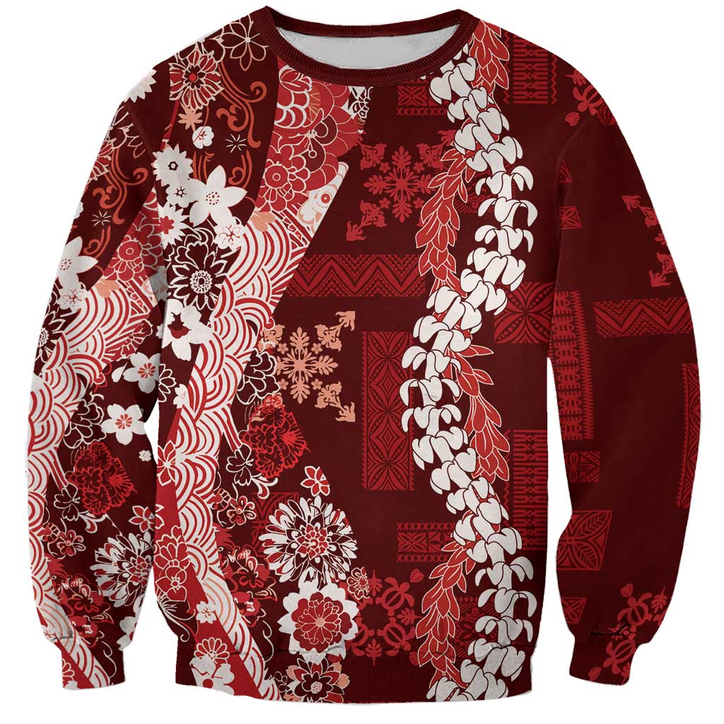 Hawaii Puakenikeni and Maile Lei Sweatshirt Red Japanese Wave Style LT9 Unisex Red - Polynesian Pride