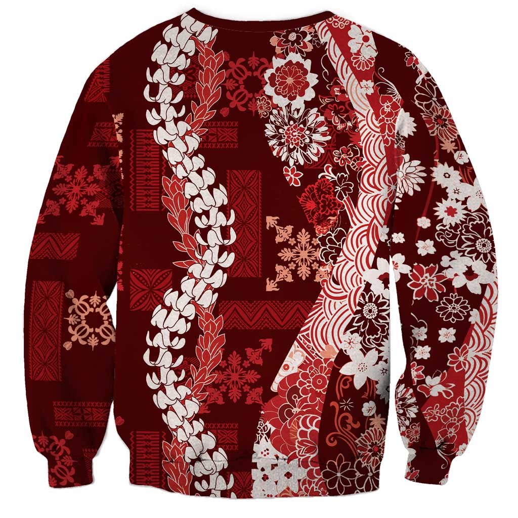 Hawaii Puakenikeni and Maile Lei Sweatshirt Red Japanese Wave Style LT9 - Polynesian Pride