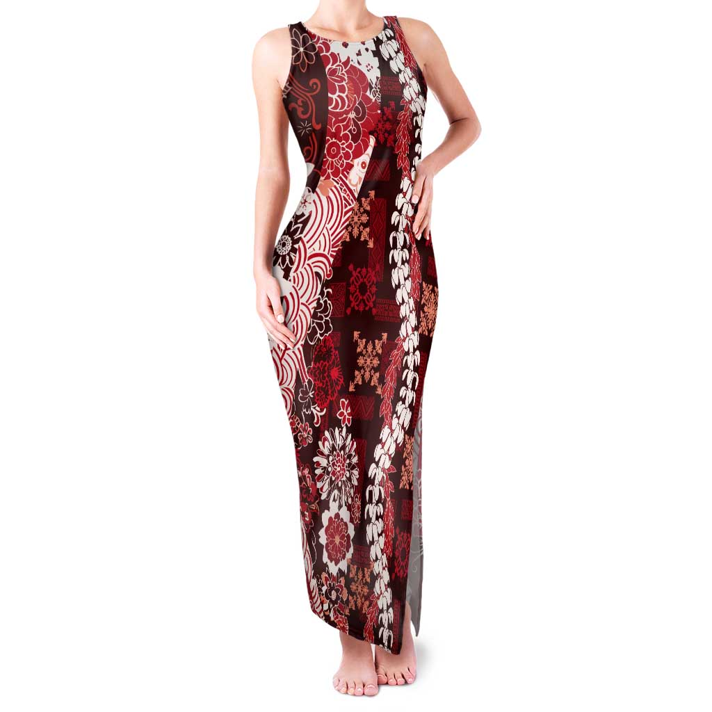 Hawaii Puakenikeni and Maile Lei Tank Maxi Dress Red Japanese Wave Style LT9 Women Red - Polynesian Pride