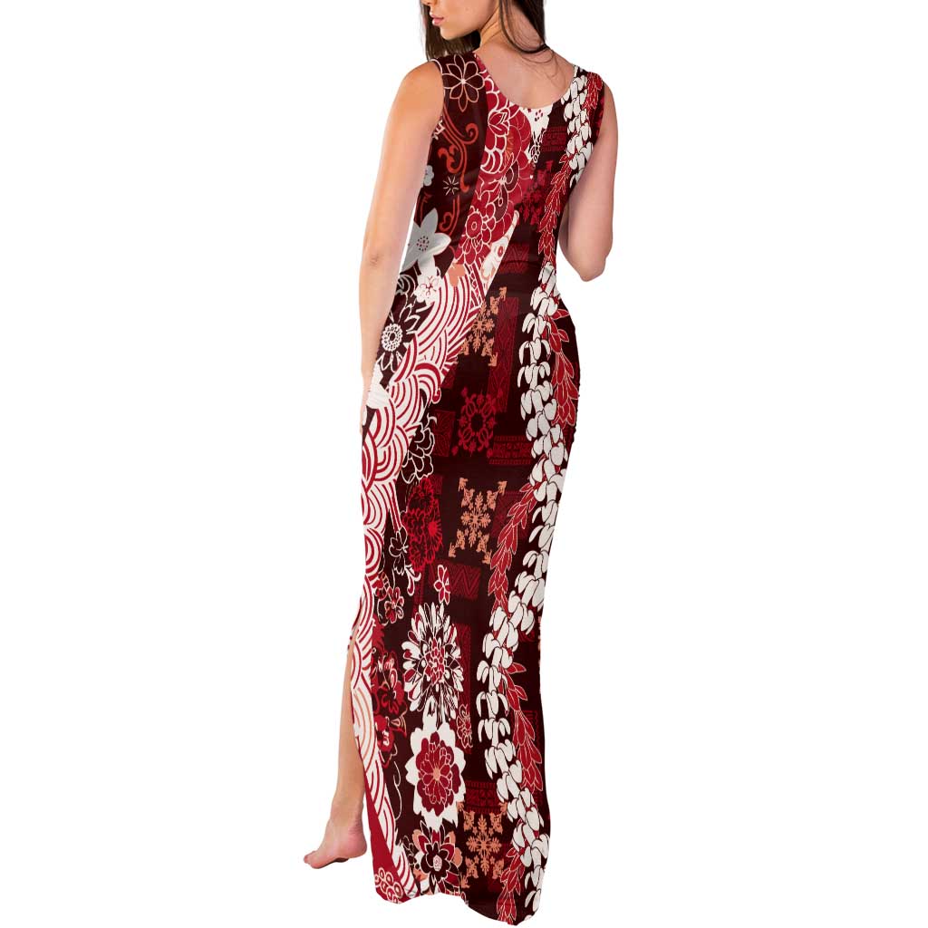 Hawaii Puakenikeni and Maile Lei Tank Maxi Dress Red Japanese Wave Style LT9 - Polynesian Pride