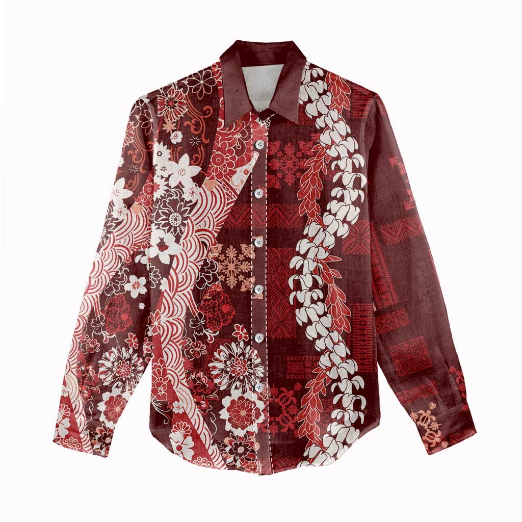 Hawaii Puakenikeni and Maile Lei Women Casual Shirt Red Japanese Wave Style - Polynesian Pride