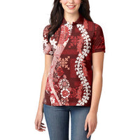 Hawaii Puakenikeni and Maile Lei Women Polo Shirt Red Japanese Wave Style - Polynesian Pride