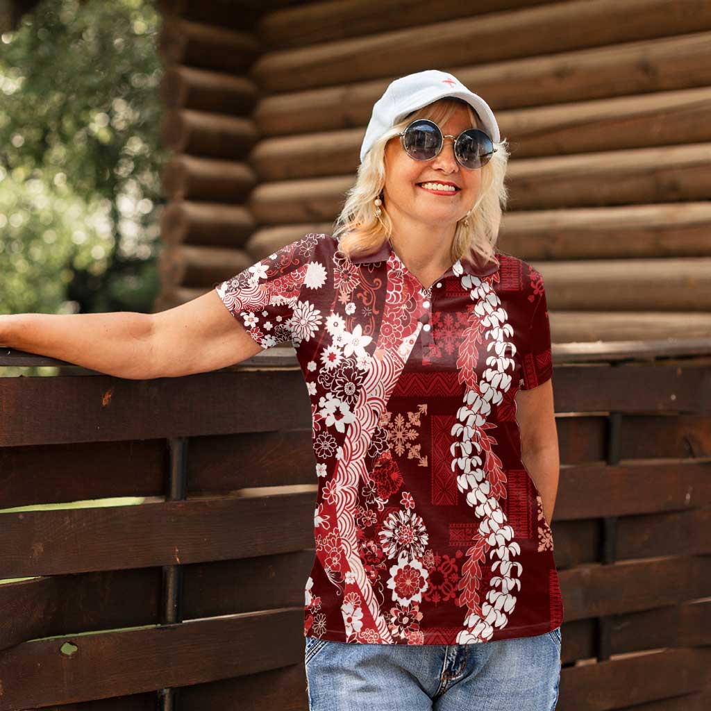 Hawaii Puakenikeni and Maile Lei Women Polo Shirt Red Japanese Wave Style - Polynesian Pride