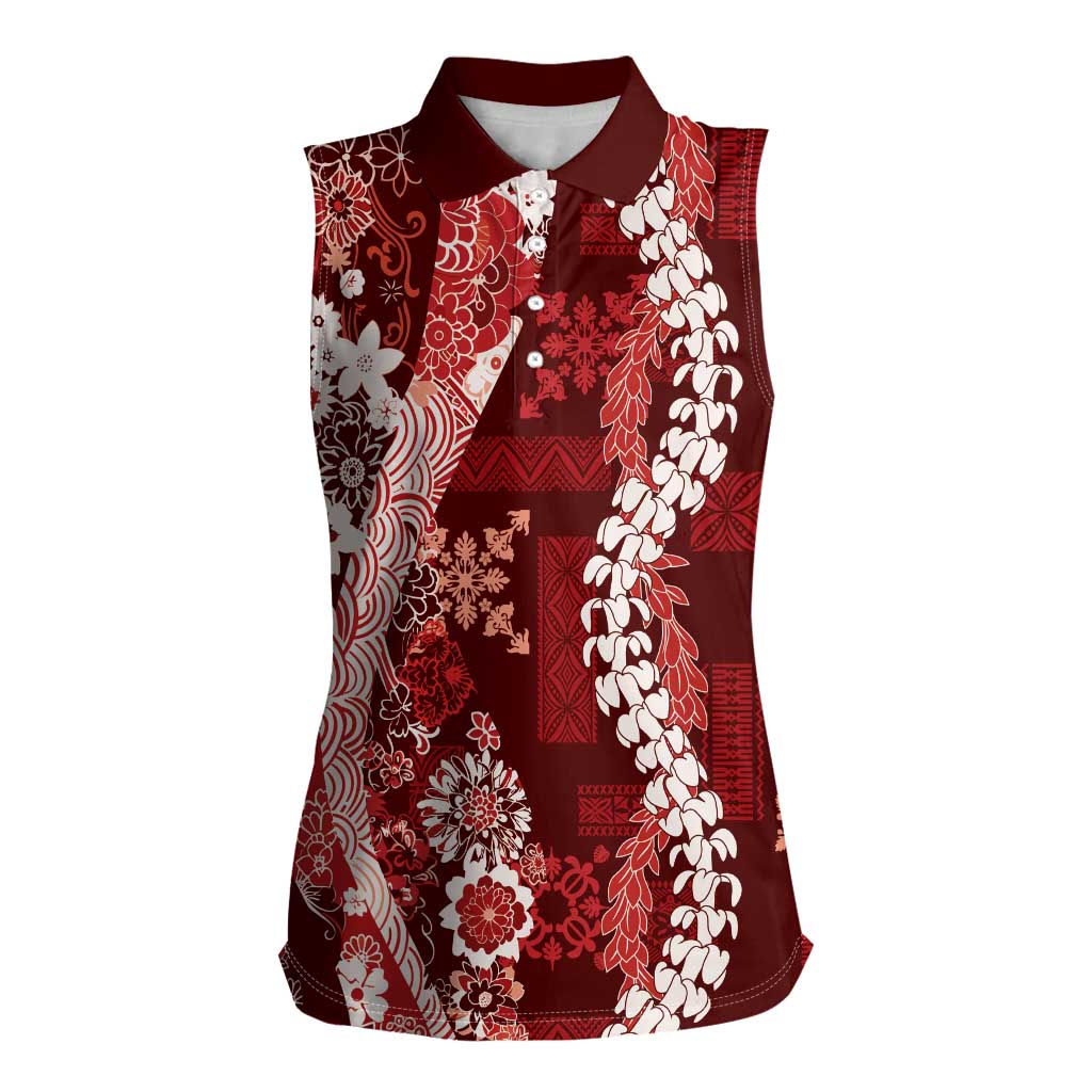 Hawaii Puakenikeni and Maile Lei Women Sleeveless Polo Shirt Red Japanese Wave Style - Polynesian Pride
