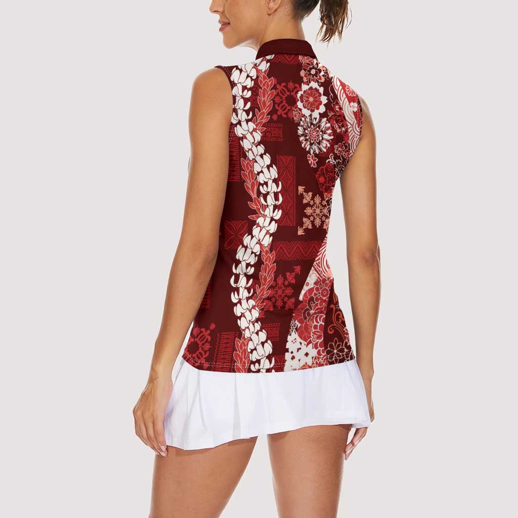Hawaii Puakenikeni and Maile Lei Women Sleeveless Polo Shirt Red Japanese Wave Style - Polynesian Pride