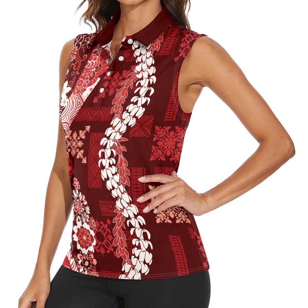 Hawaii Puakenikeni and Maile Lei Women Sleeveless Polo Shirt Red Japanese Wave Style - Polynesian Pride