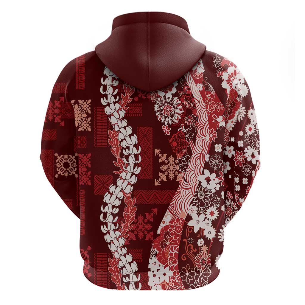 Hawaii Puakenikeni and Maile Lei Zip Hoodie Red Japanese Wave Style - Polynesian Pride