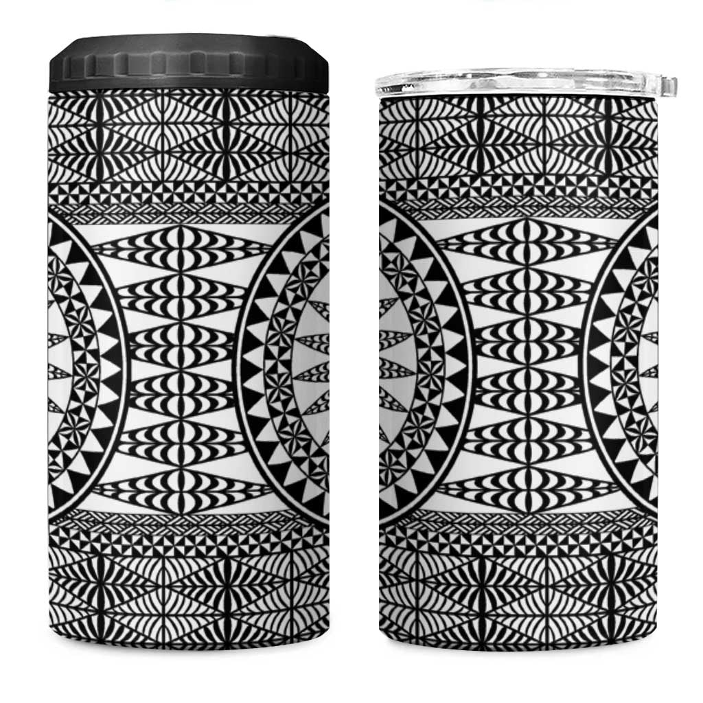 All White Tonga Malo e lelei 4 in 1 Can Cooler Tumbler Vintage Ngatu Tribal Pattern - Polynesian Pride