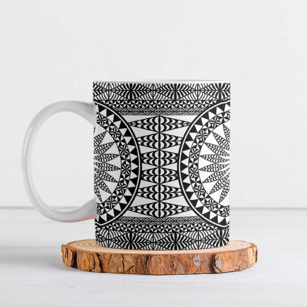 All White Tonga Malo e lelei Ceramic Mug Vintage Ngatu Tribal Pattern - Polynesian Pride
