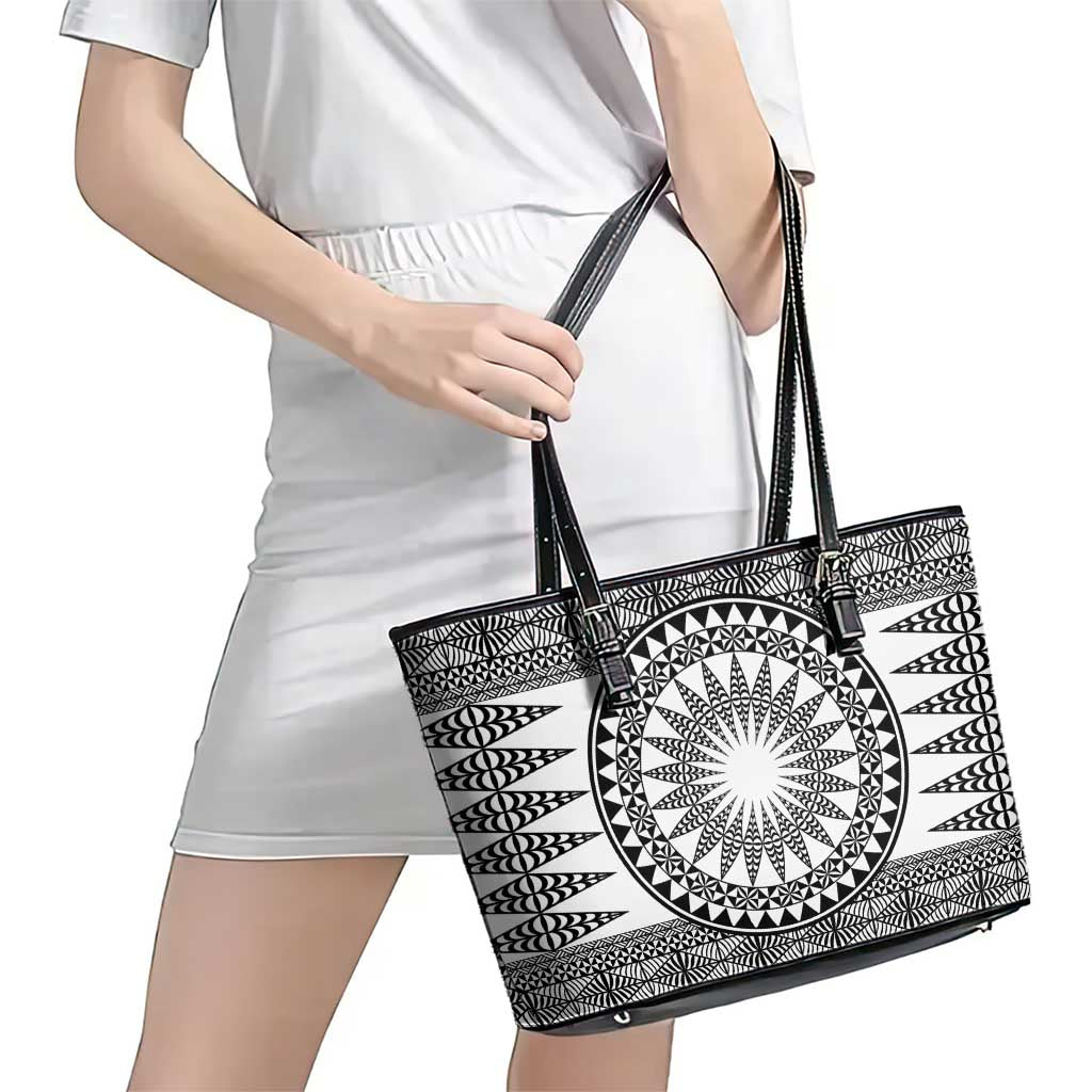 All White Tonga Malo e lelei Leather Tote Bag Vintage Ngatu Tribal Pattern - Polynesian Pride