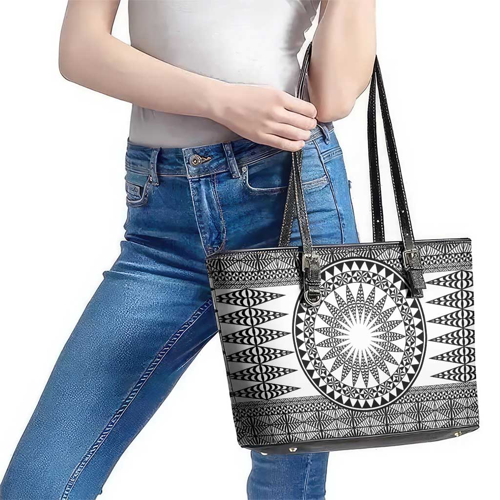 All White Tonga Malo e lelei Leather Tote Bag Vintage Ngatu Tribal Pattern - Polynesian Pride