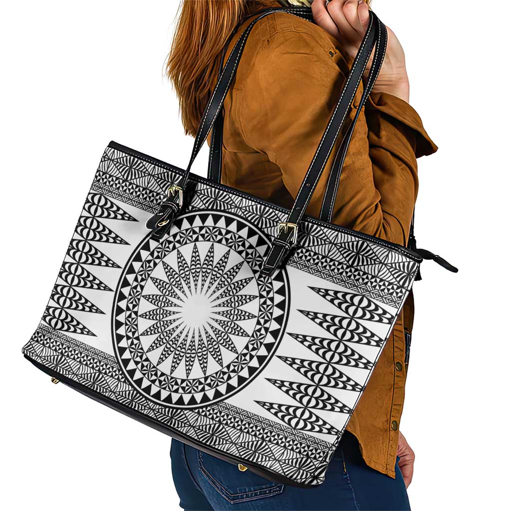All White Tonga Malo e lelei Leather Tote Bag Vintage Ngatu Tribal Pattern - Polynesian Pride