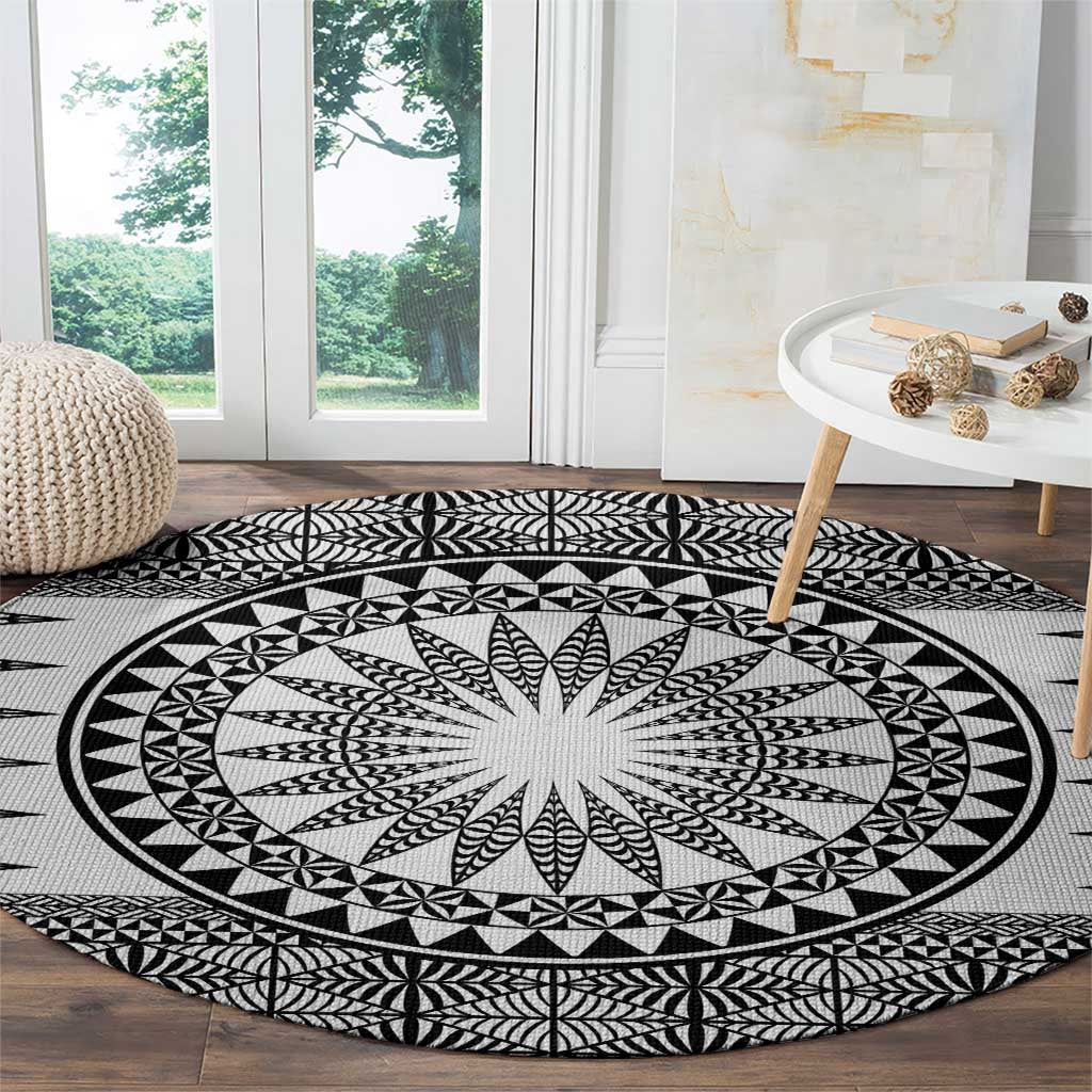 All White Tonga Malo e lelei Round Carpet Vintage Ngatu Tribal Pattern - Polynesian Pride