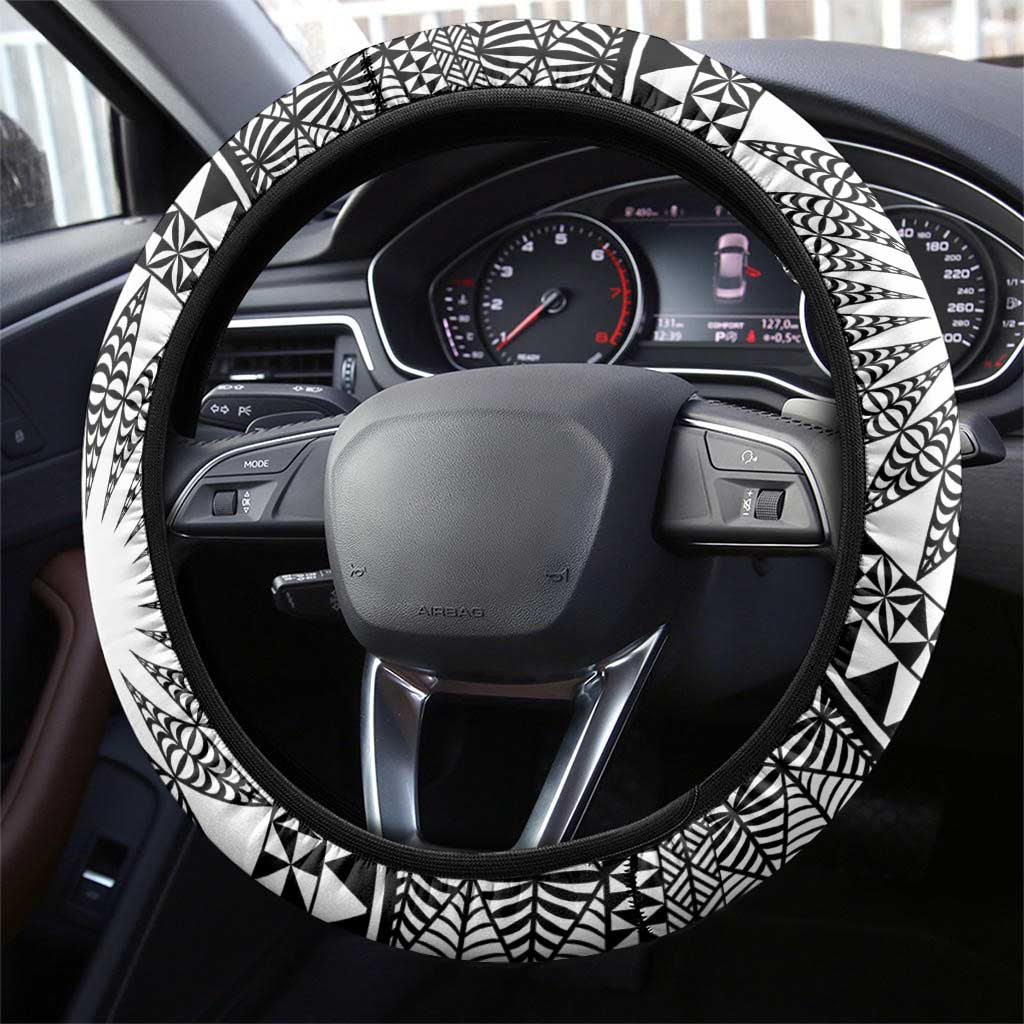 All White Tonga Malo e lelei Steering Wheel Cover Vintage Ngatu Tribal Pattern - Polynesian Pride