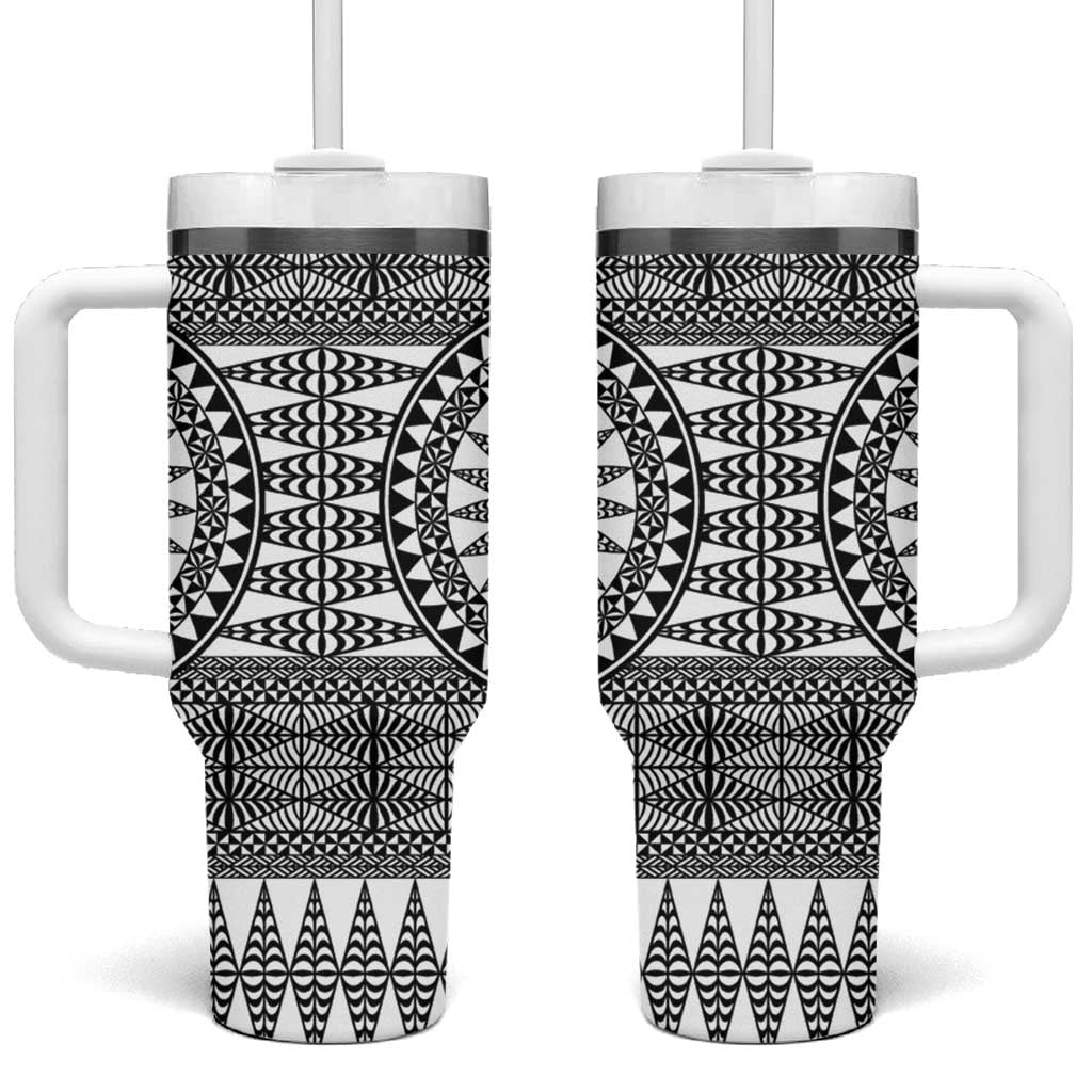 All White Tonga Malo e lelei Tumbler With Handle Vintage Ngatu Tribal Pattern - Polynesian Pride