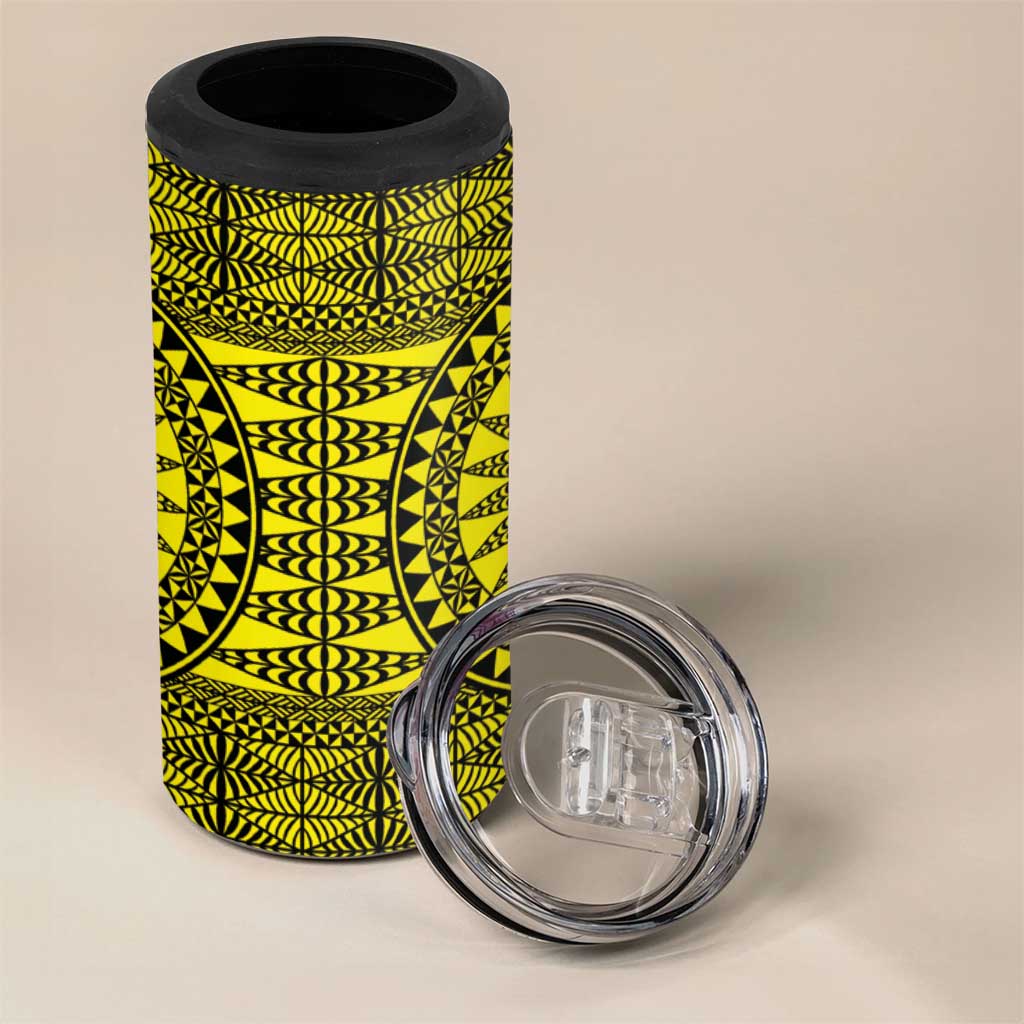 All Yellow Tonga Malo e lelei 4 in 1 Can Cooler Tumbler Vintage Ngatu Tribal Pattern - Polynesian Pride
