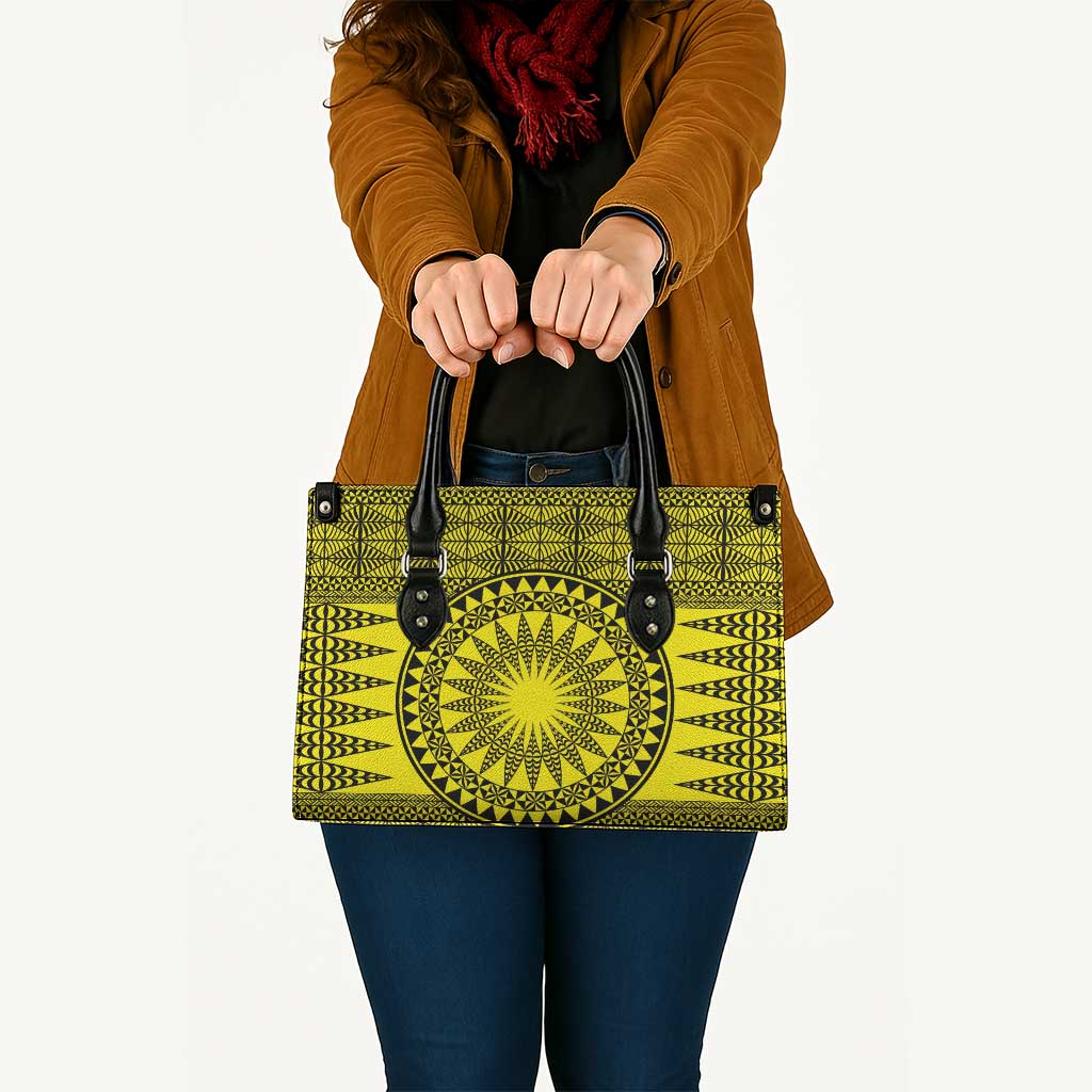 All Yellow Tonga Malo e lelei Leather Bag Vintage Ngatu Tribal Pattern - Polynesian Pride