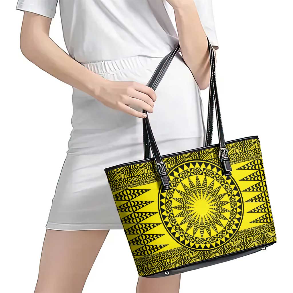 All Yellow Tonga Malo e lelei Leather Tote Bag Vintage Ngatu Tribal Pattern - Polynesian Pride