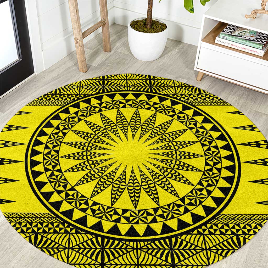 All Yellow Tonga Malo e lelei Round Carpet Vintage Ngatu Tribal Pattern - Polynesian Pride