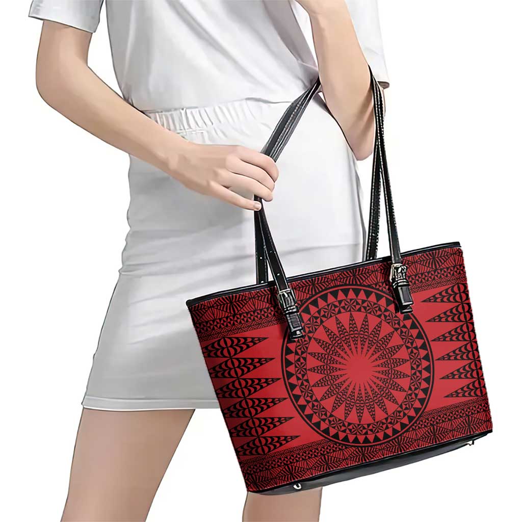 All Red Tonga Malo e lelei Leather Tote Bag Vintage Ngatu Tribal Pattern - Polynesian Pride