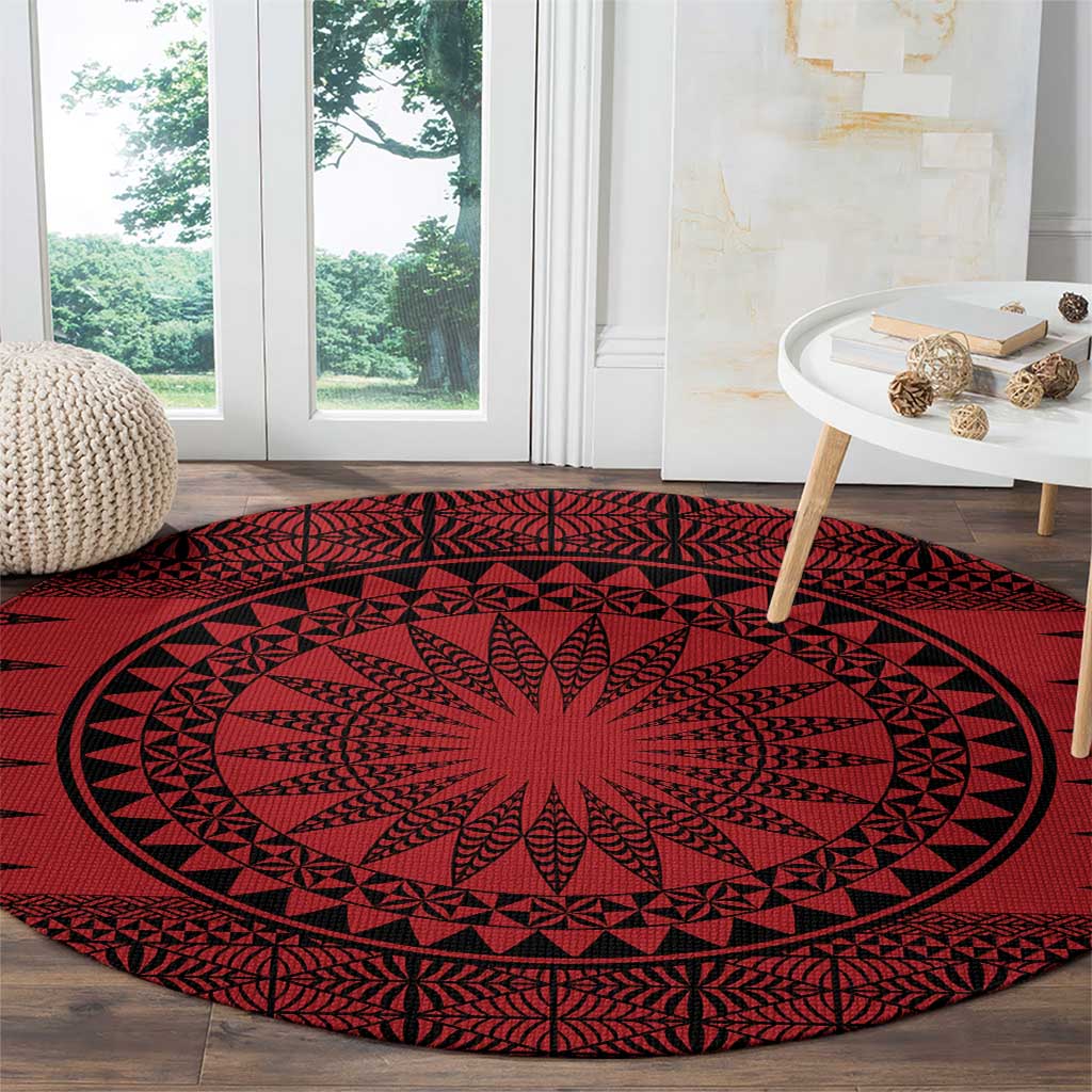 All Red Tonga Malo e lelei Round Carpet Vintage Ngatu Tribal Pattern - Polynesian Pride