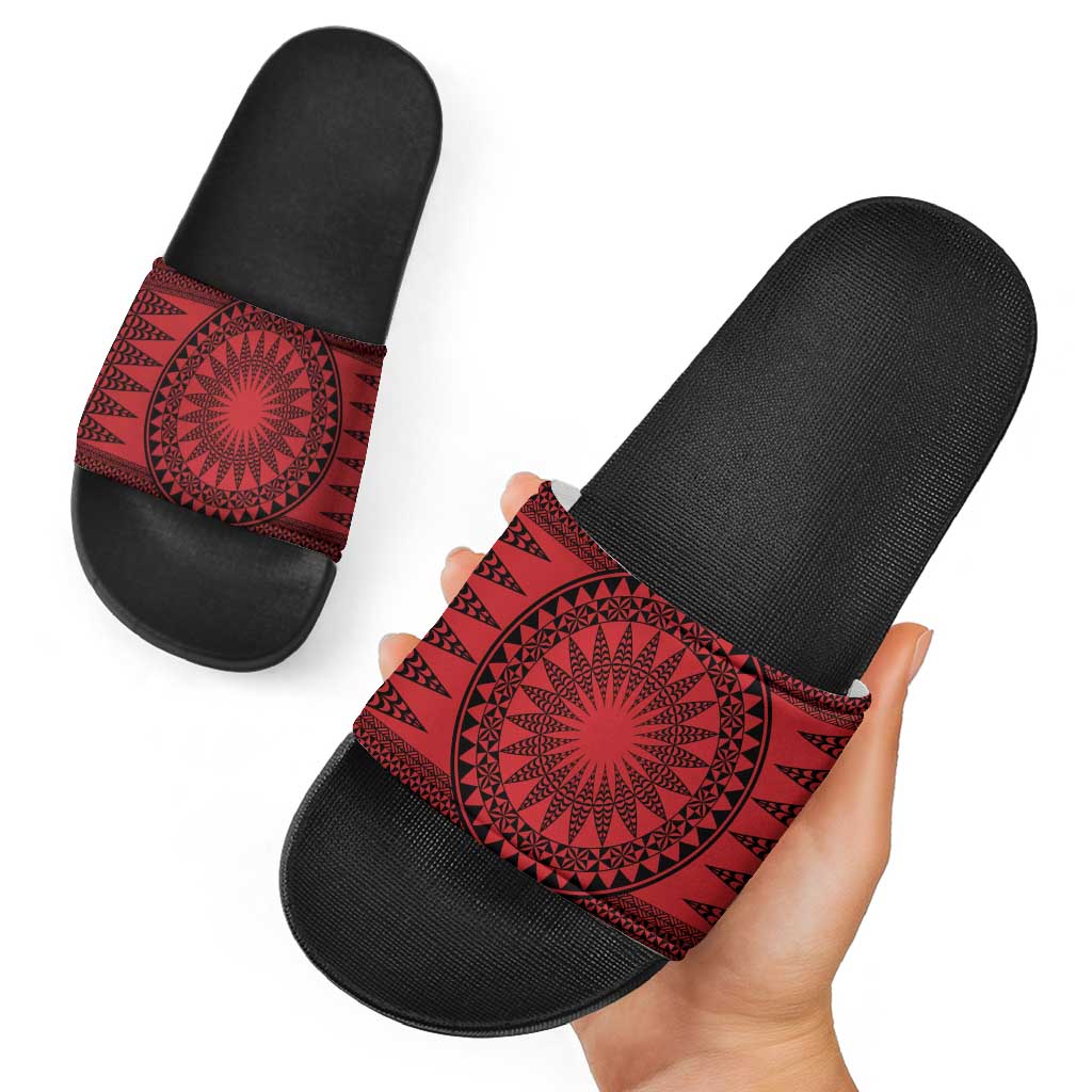 All Red Tonga Malo e lelei Slide Sandals Vintage Ngatu Tribal Pattern - Polynesian Pride