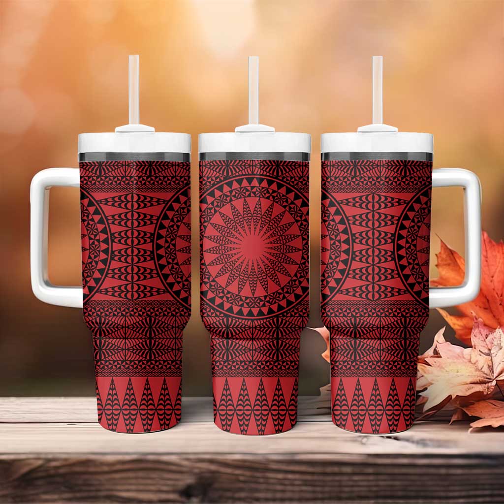 All Red Tonga Malo e lelei Tumbler With Handle Vintage Ngatu Tribal Pattern - Polynesian Pride