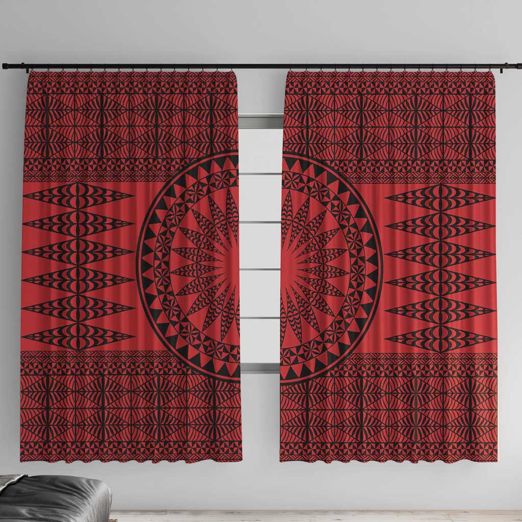 All Red Tonga Malo e lelei Window Curtain Vintage Ngatu Tribal Pattern - Polynesian Pride