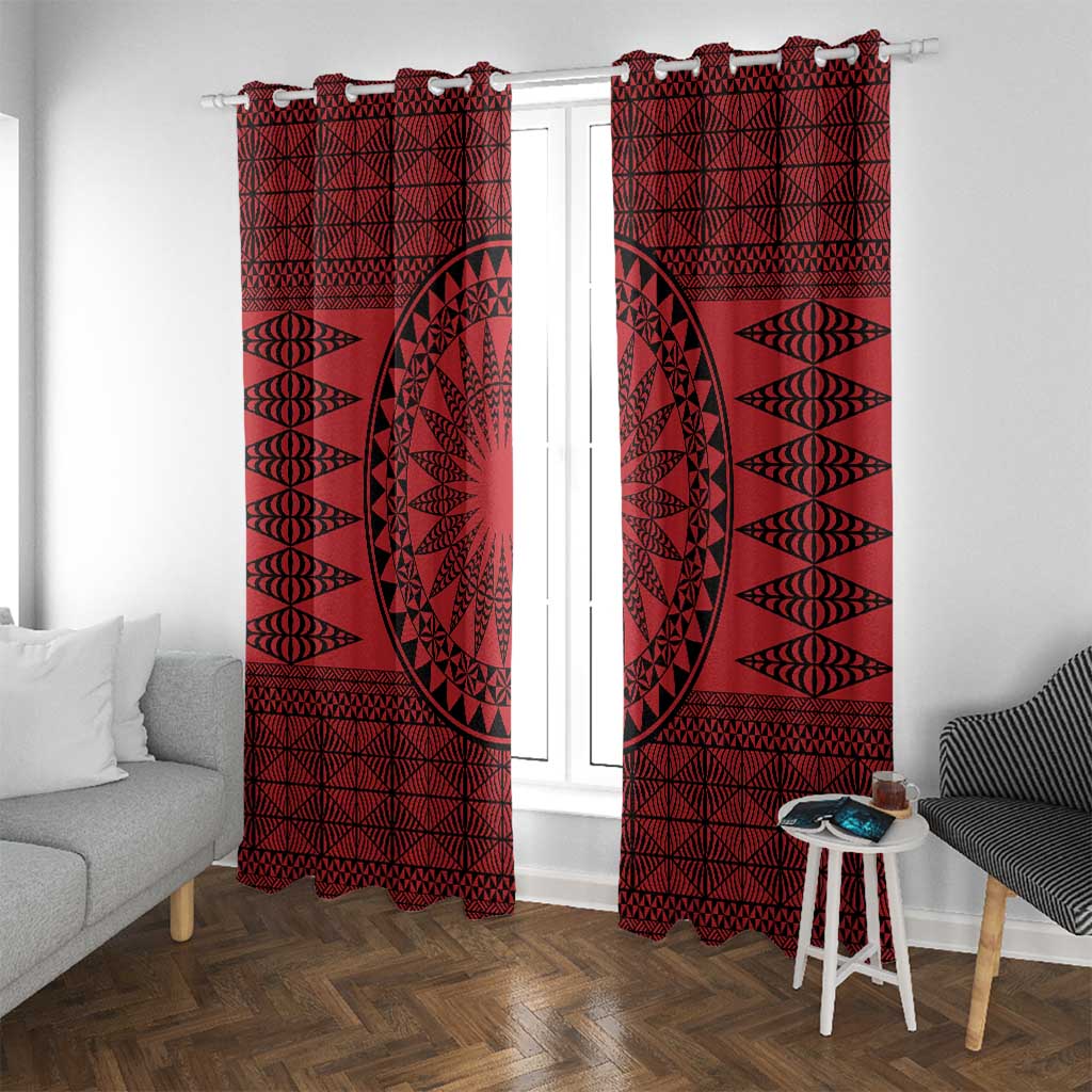 All Red Tonga Malo e lelei Window Curtain Vintage Ngatu Tribal Pattern - Polynesian Pride