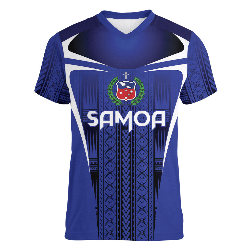 2026 Rugby Nations Series Custom Manu Samoa Women V-Neck T-Shirt LT9 Female Blue - Polynesian Pride