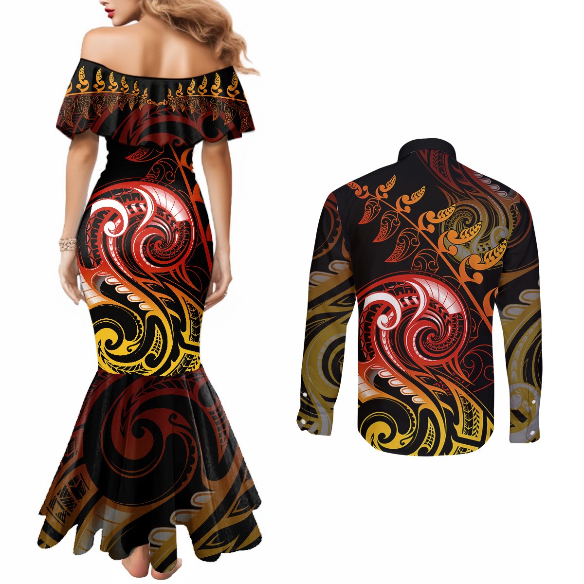 New Zealand Couples Matching Mermaid Dress and Long Sleeve Button Shirts Aotearoa Wisdom Face Maori Fern Tattoo Arty LT9 - Polynesian Pride
