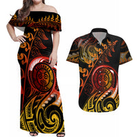 New Zealand Couples Matching Off Shoulder Maxi Dress and Hawaiian Shirt Aotearoa Wisdom Face Maori Fern Tattoo Arty LT9 Reggae - Polynesian Pride