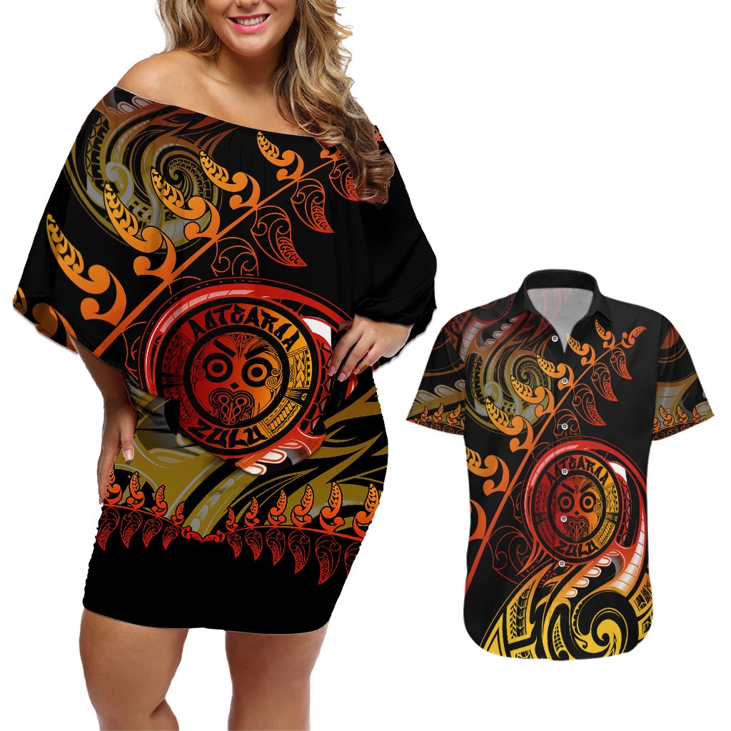 New Zealand Couples Matching Off Shoulder Short Dress and Hawaiian Shirt Aotearoa Wisdom Face Maori Fern Tattoo Arty LT9 Reggae - Polynesian Pride