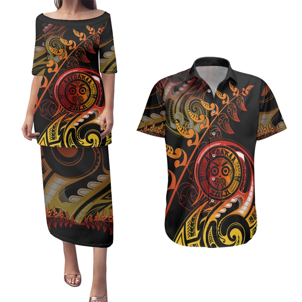 New Zealand Couples Matching Puletasi Dress and Hawaiian Shirt Aotearoa Wisdom Face Maori Fern Tattoo Arty LT9 Reggae - Polynesian Pride