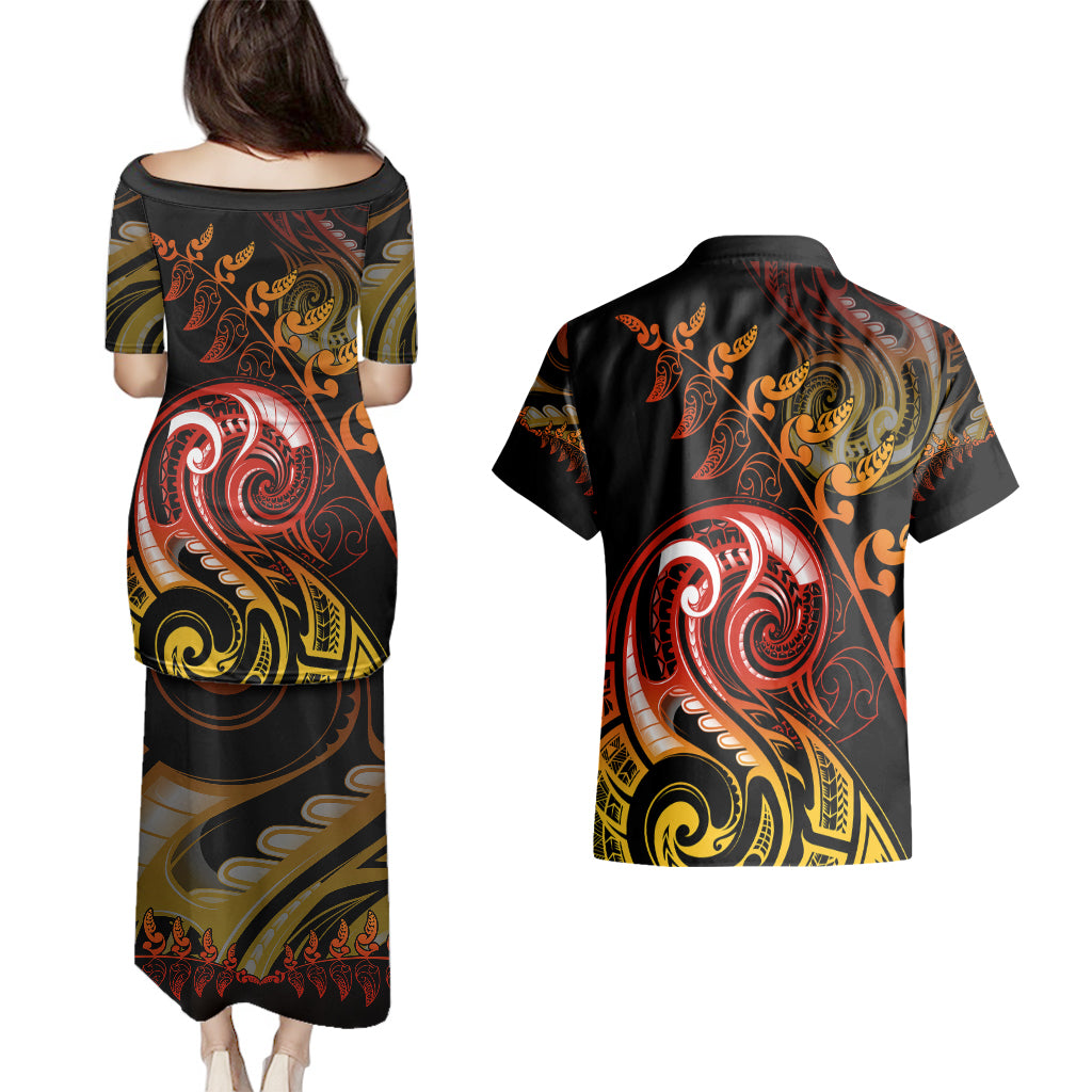 New Zealand Couples Matching Puletasi Dress and Hawaiian Shirt Aotearoa Wisdom Face Maori Fern Tattoo Arty LT9 - Polynesian Pride