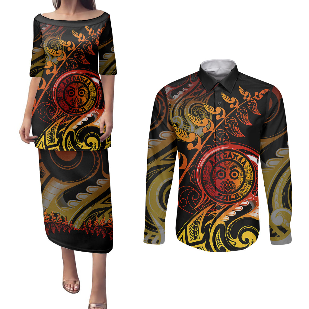 New Zealand Couples Matching Puletasi Dress and Long Sleeve Button Shirts Aotearoa Wisdom Face Maori Fern Tattoo Arty LT9 Reggae - Polynesian Pride