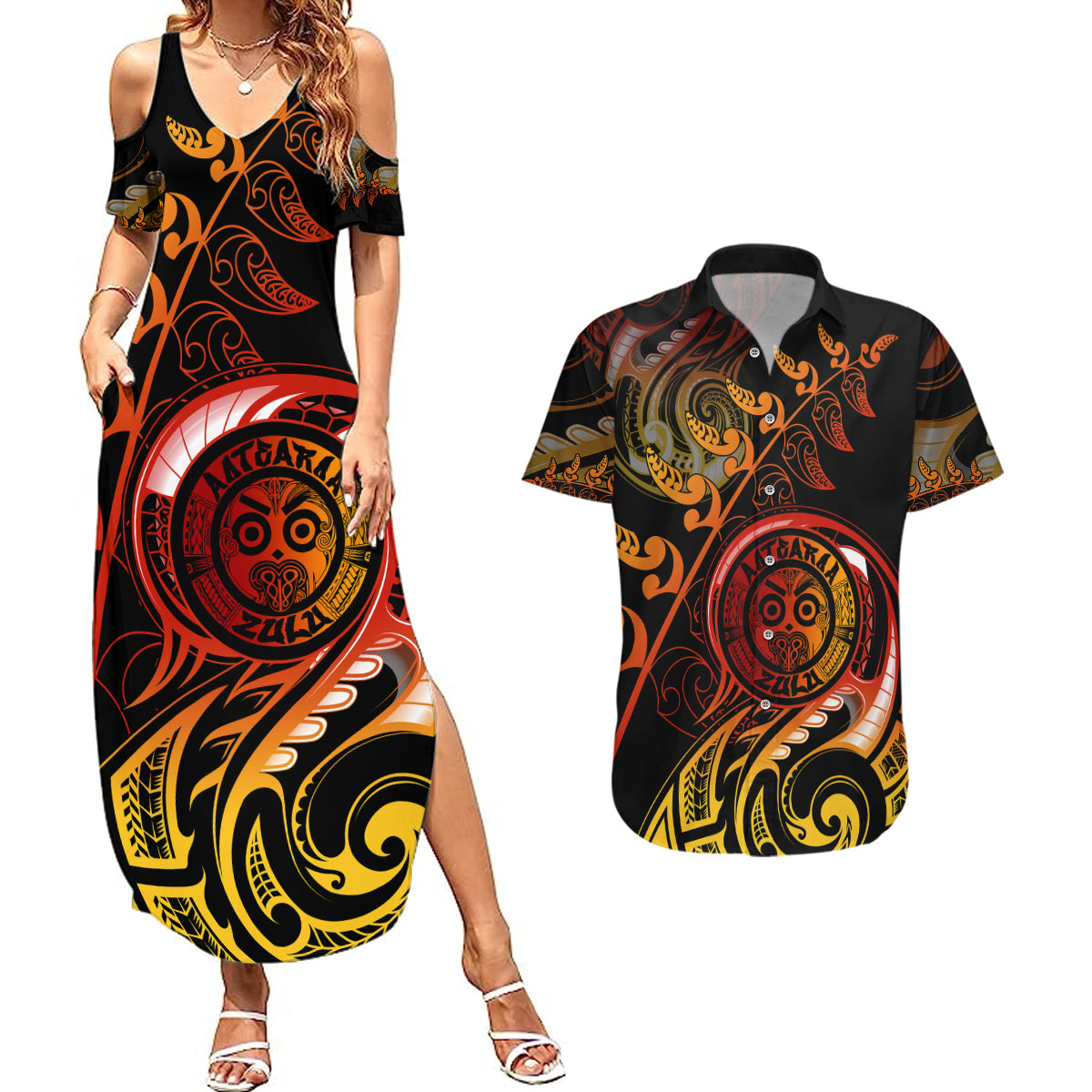 New Zealand Couples Matching Summer Maxi Dress and Hawaiian Shirt Aotearoa Wisdom Face Maori Fern Tattoo Arty LT9 Reggae - Polynesian Pride