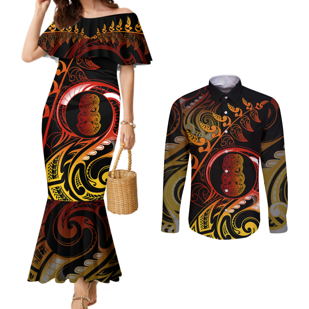New Zealand Couples Matching Mermaid Dress and Long Sleeve Button Shirts Aotearoa Hei-Tiki Maori Fern Tattoo Arty LT9 Reggae - Polynesian Pride