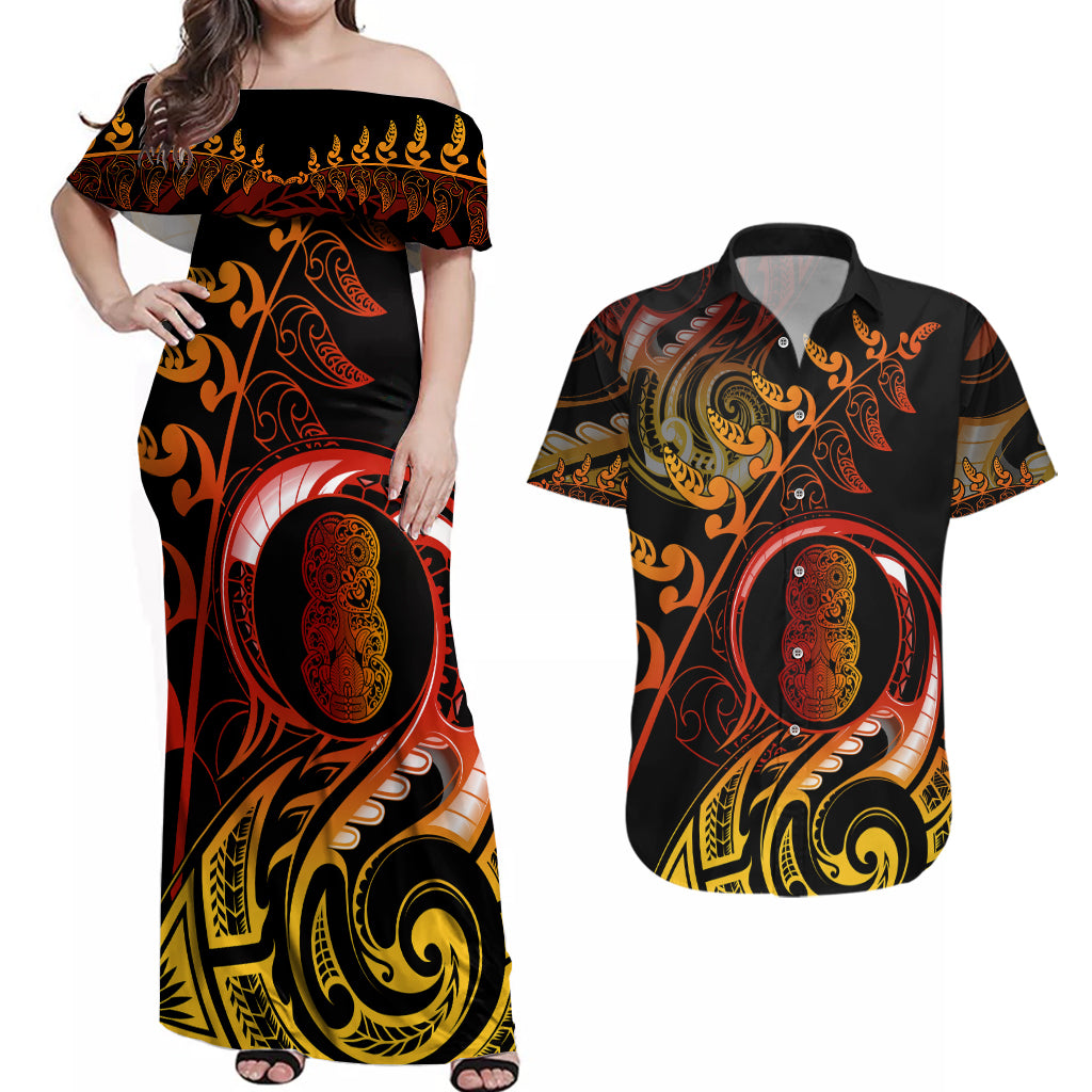 New Zealand Couples Matching Off Shoulder Maxi Dress and Hawaiian Shirt Aotearoa Hei-Tiki Maori Fern Tattoo Arty LT9 Reggae - Polynesian Pride