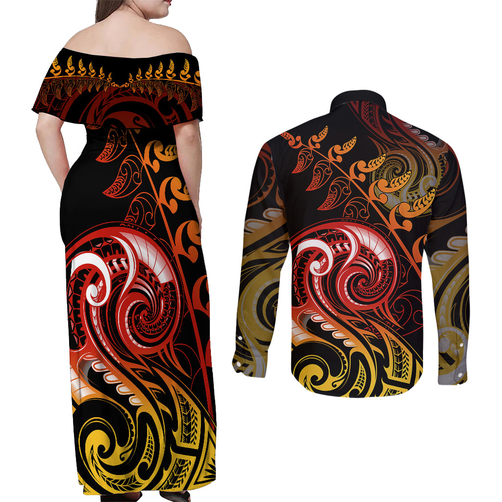 New Zealand Couples Matching Off Shoulder Maxi Dress and Long Sleeve Button Shirts Aotearoa Hei-Tiki Maori Fern Tattoo Arty LT9 - Polynesian Pride