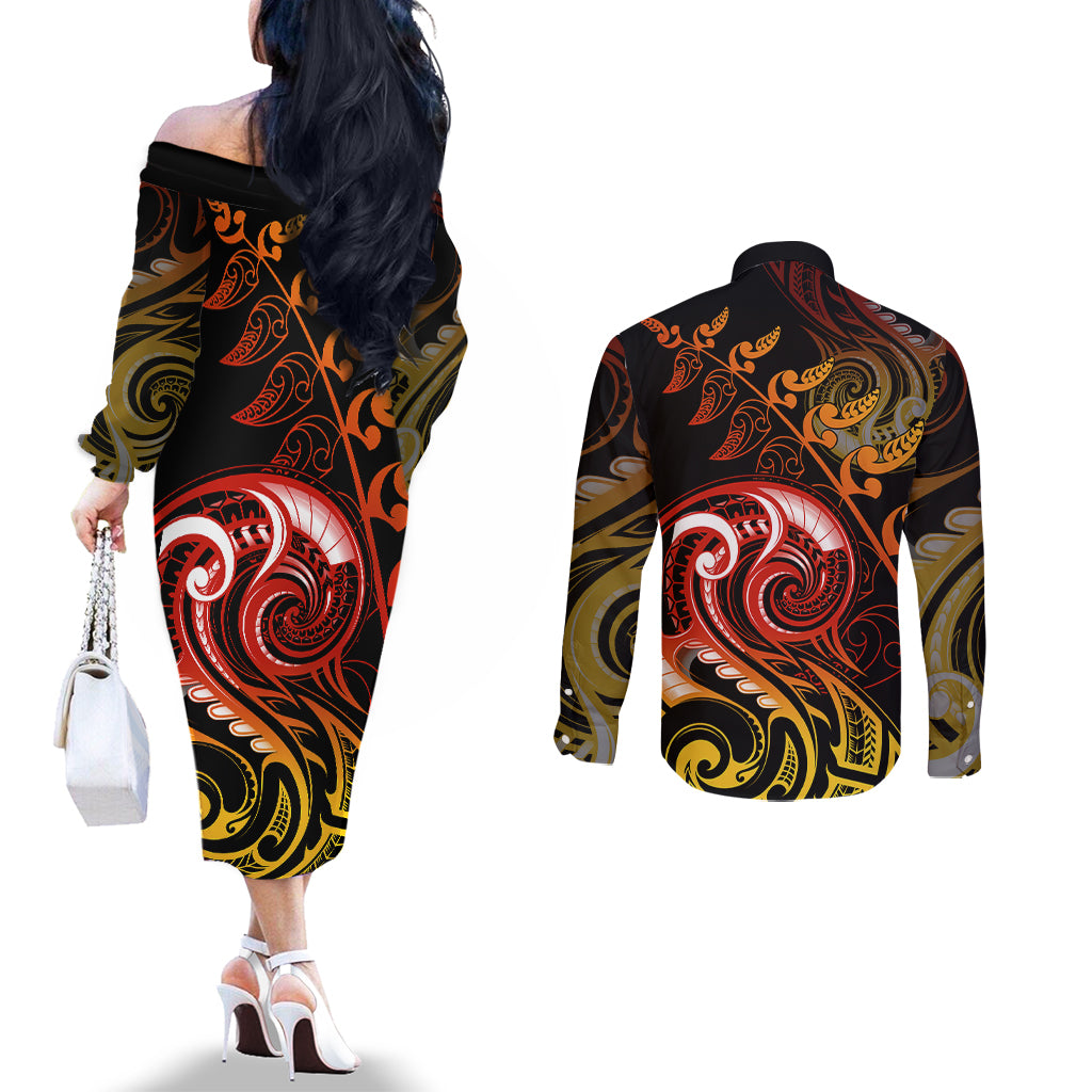 New Zealand Couples Matching Off The Shoulder Long Sleeve Dress and Long Sleeve Button Shirts Aotearoa Hei-Tiki Maori Fern Tattoo Arty LT9 - Polynesian Pride