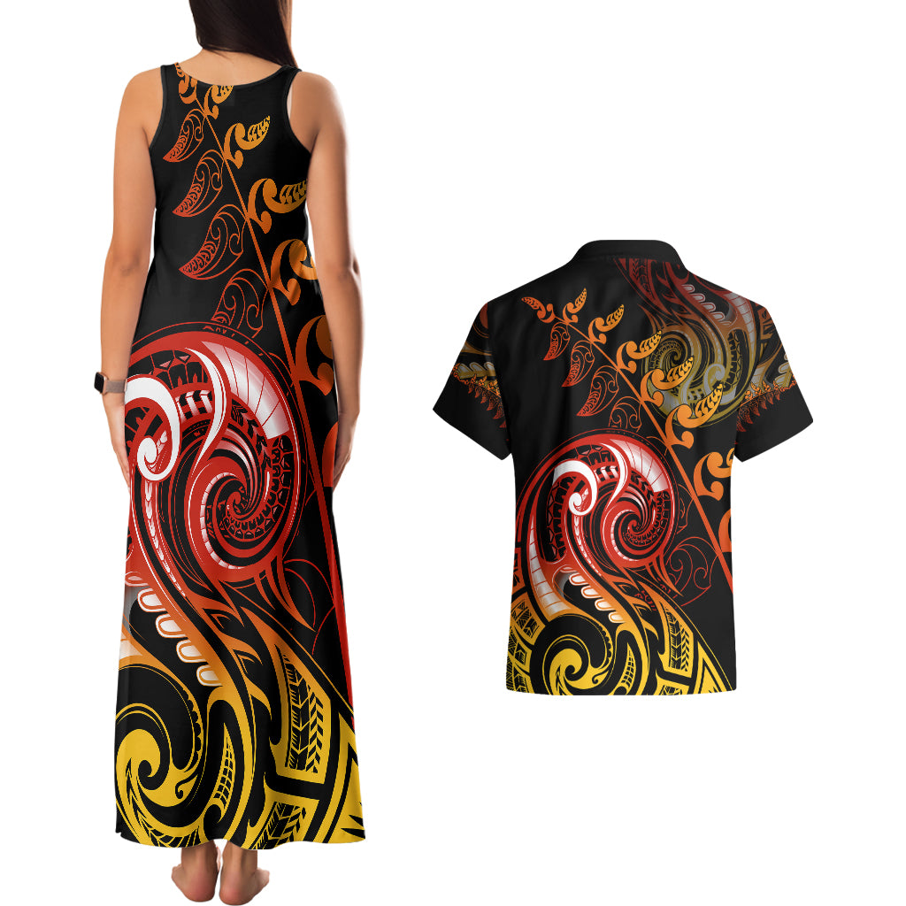 New Zealand Couples Matching Tank Maxi Dress and Hawaiian Shirt Aotearoa Hei-Tiki Maori Fern Tattoo Arty LT9 - Polynesian Pride