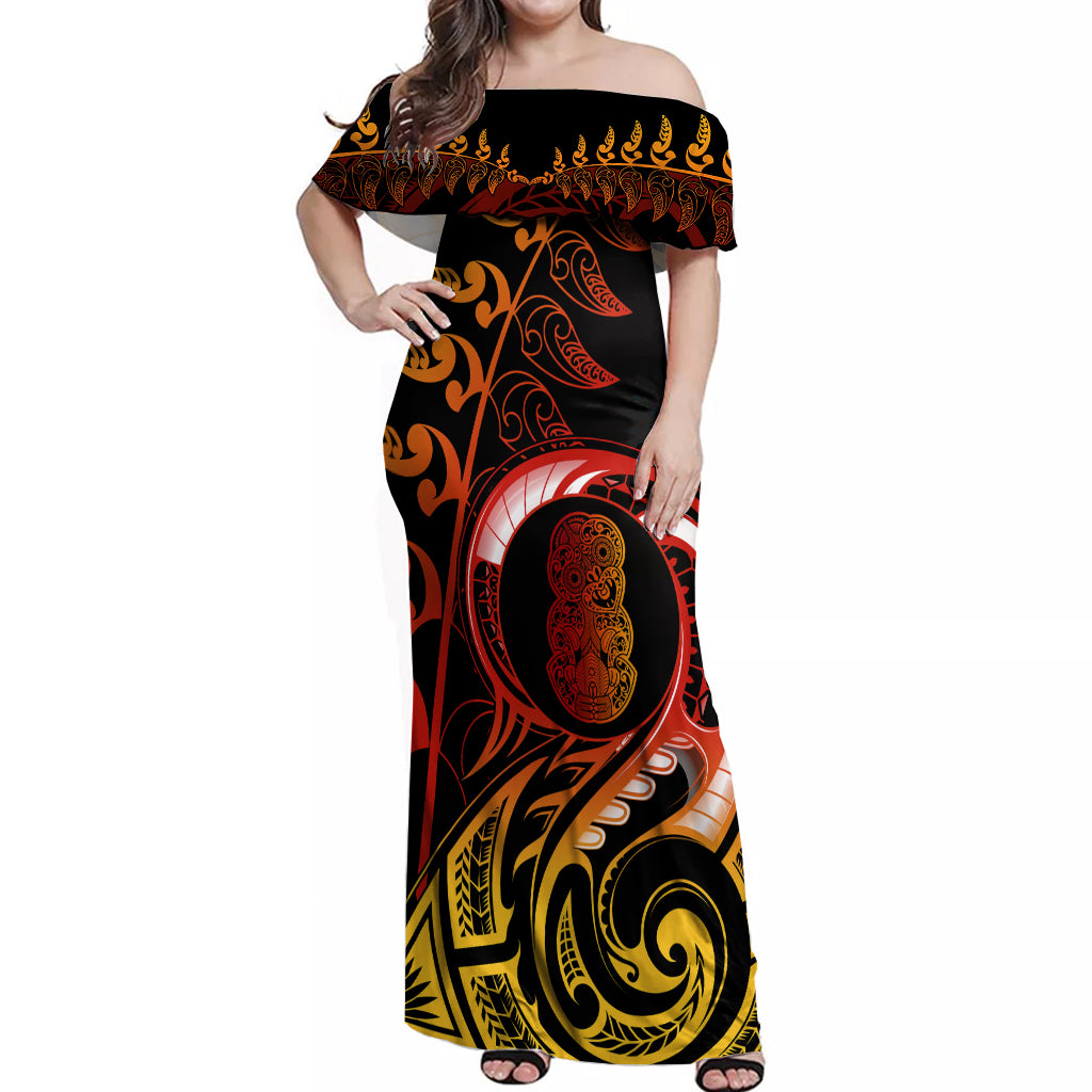 New Zealand Off Shoulder Maxi Dress Aotearoa Hei-Tiki Maori Fern Tattoo Arty LT9 Women Reggae - Polynesian Pride