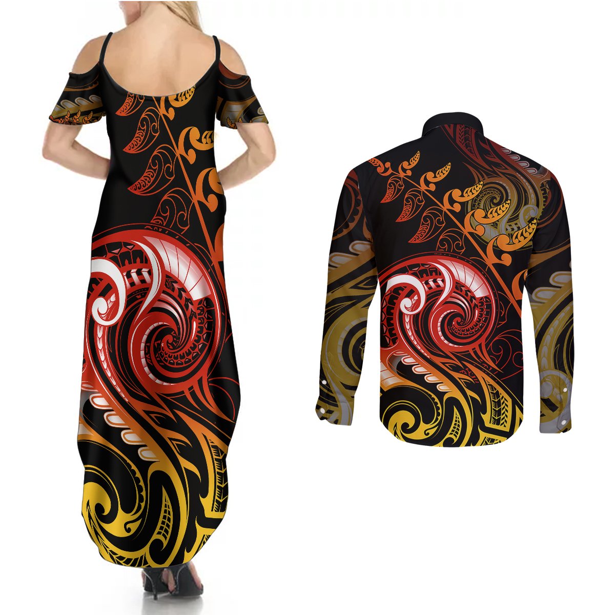 New Zealand Couples Matching Summer Maxi Dress and Long Sleeve Button Shirts Aotearoa Kiwi Bird Maori Fern Tattoo Arty LT9 - Polynesian Pride