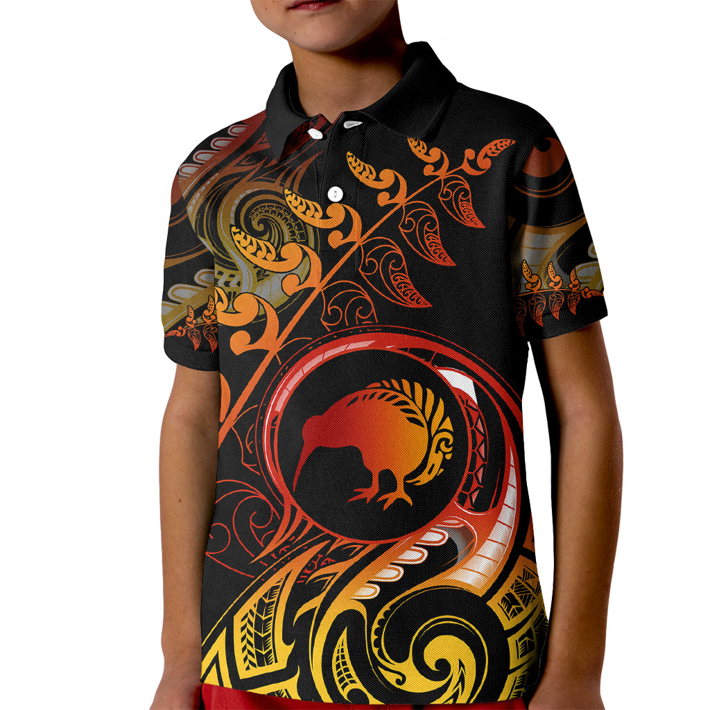 New Zealand Kid Polo Shirt Aotearoa Kiwi Bird Maori Fern Tattoo Arty LT9 Kid Reggae - Polynesian Pride