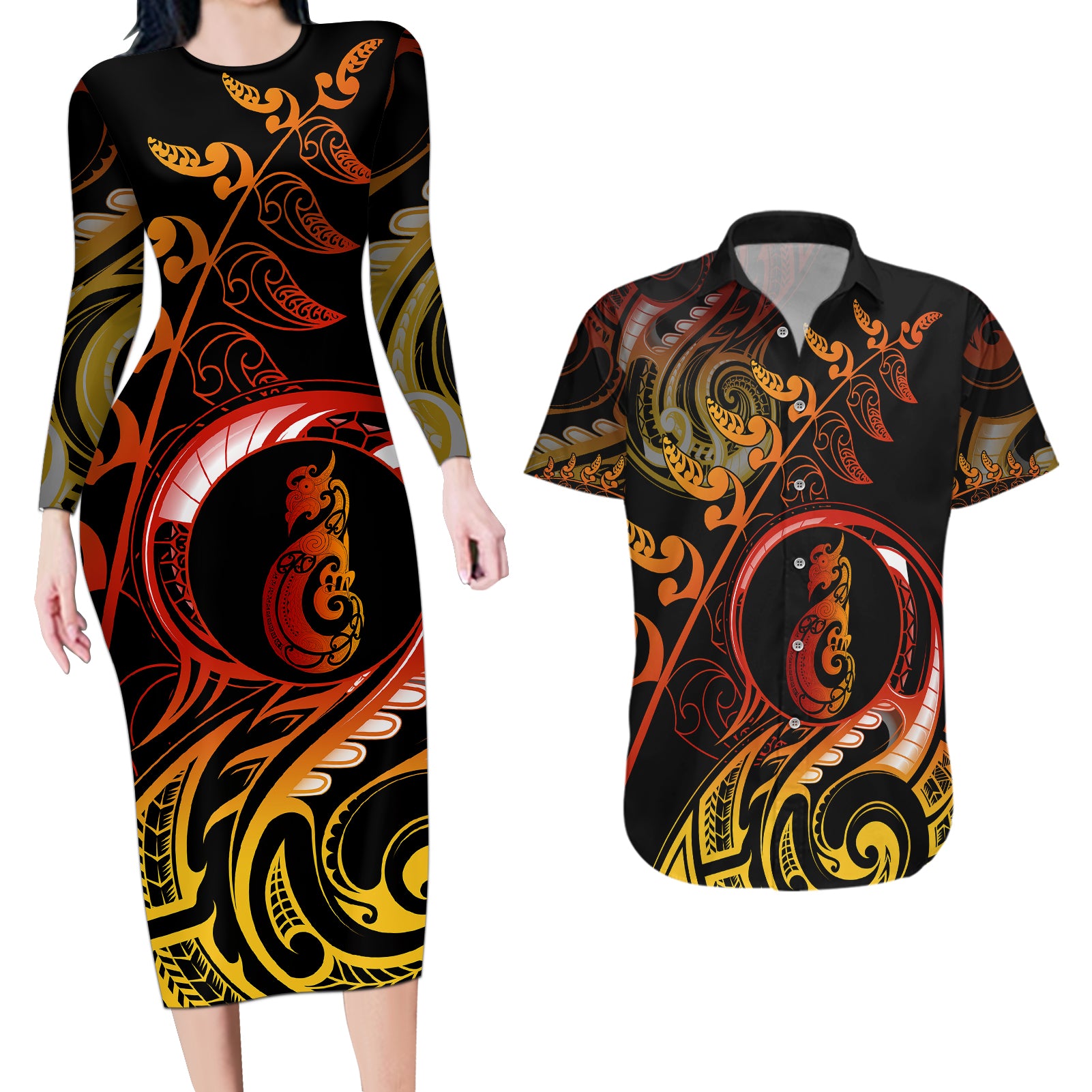 New Zealand Couples Matching Long Sleeve Bodycon Dress and Hawaiian Shirt Aotearoa Manaia Maori Fern Tattoo Arty LT9 Reggae - Polynesian Pride