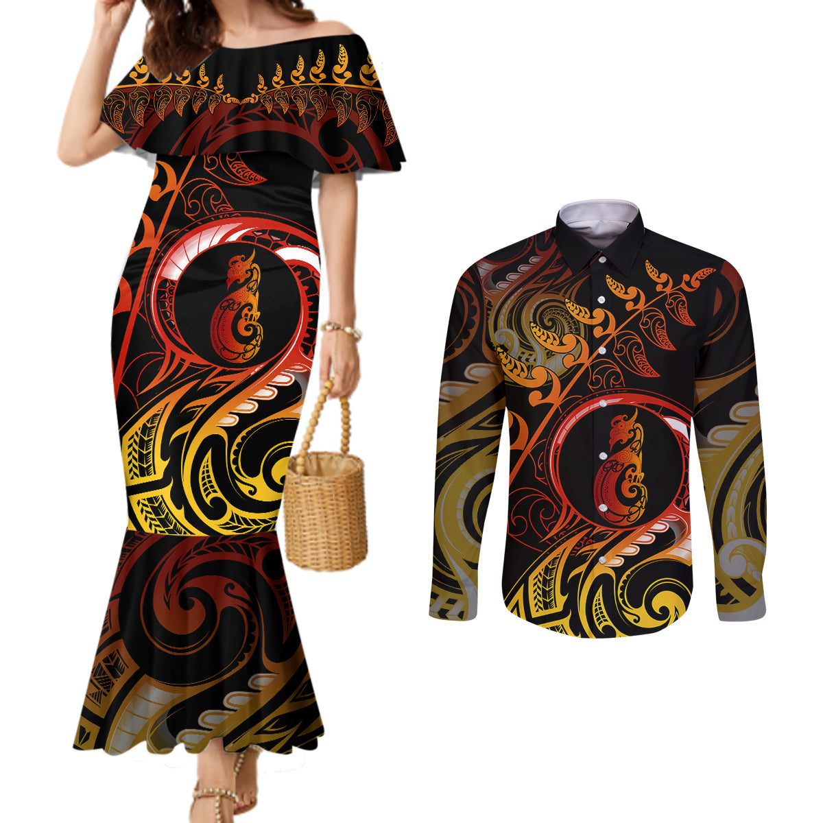 New Zealand Couples Matching Mermaid Dress and Long Sleeve Button Shirts Aotearoa Manaia Maori Fern Tattoo Arty LT9 Reggae - Polynesian Pride